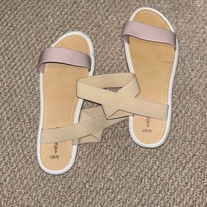Tan and Pink Sandals with Wide Strap and Flat Sole